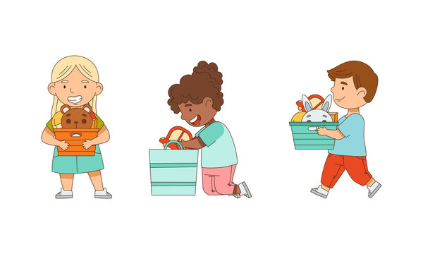 Happy Girl and Boy Playing Toys in the Nursery Vector Illustration Set