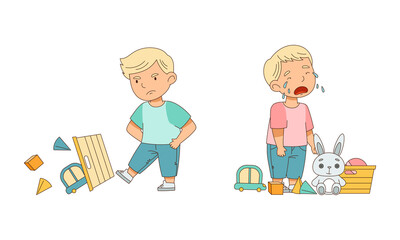 Fototapeta na wymiar Grumpy Boy Among Toys Crying Out Loud and Kicking Box with Toys Vector Illustration Set