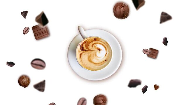 Flow of many different direction and size chocolate chips and coffee beans on a white background. The Concept of Creative motion Design Template for Good morning meal beverage coffee shop. latte