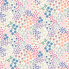 Seamless ditsy pattern of colouful abstract flowers on a cream background.