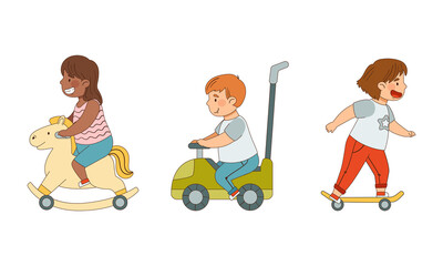 Little Boy and Girl Driving Skateboard and Rocking on Horse Enjoying Outdoor Activity Vector Illustration Set