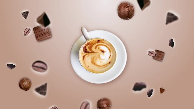 Chocolate crumbs and coffee beans explosion and wiggle around a cup of coffee on a trending beige gradient background. Concepts of levitation Animation. Breakfast hot beverage. Coffee time or cafe bre