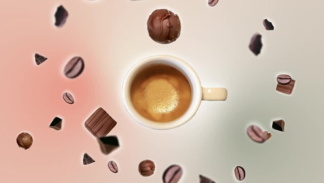 Chocolate crumbs and coffee beans flying in the air among ground cup of espresso coffee on trending pastel multi-colored animation background. Flying motion graphic invigorating Good morning drink. 4k