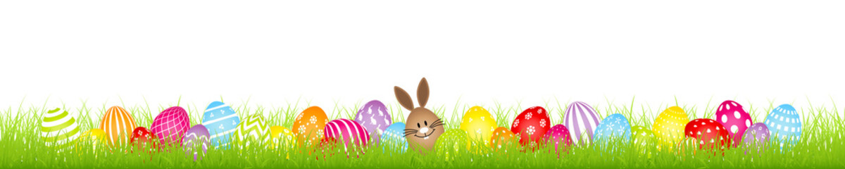 Braunes Hasenei 28 Bunte Ostereier Muster Wiese Banner