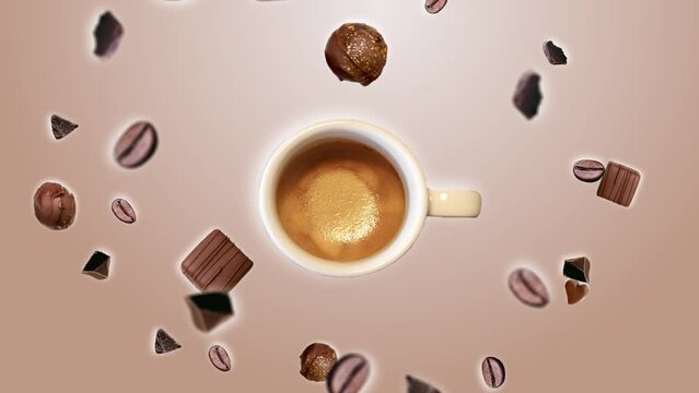 Chocolate crumbs and coffee beans explosion and wiggle around a cup of coffee on a trending beige gradient background. Concepts of levitation Animation. Breakfast hot beverage. Coffee time at cafe