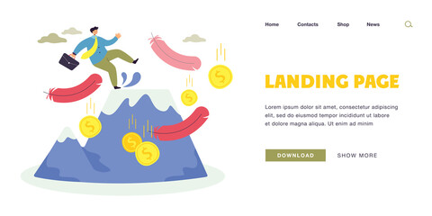 Businessman making mistake, falling down from top of mountain. Careless man losing money because of fail in business flat vector illustration. Bankruptcy warning, risk of financial accident concept