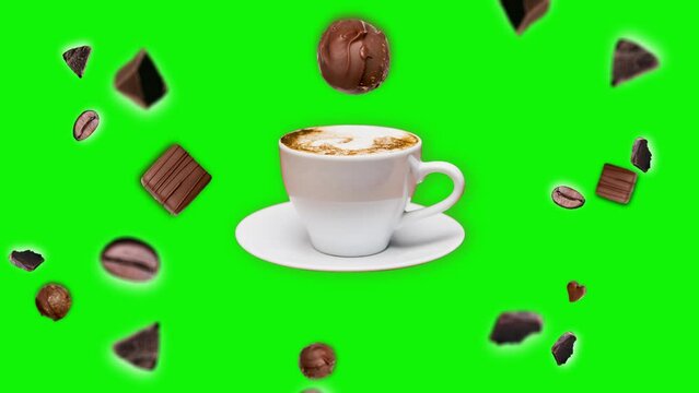 Animated chocolate crumbs and coffee beans of different direction move and wiggle in the air around a cup of Capuccino coffee on Green Screen. Banner for morning Breakfast drink coffee shop Template.