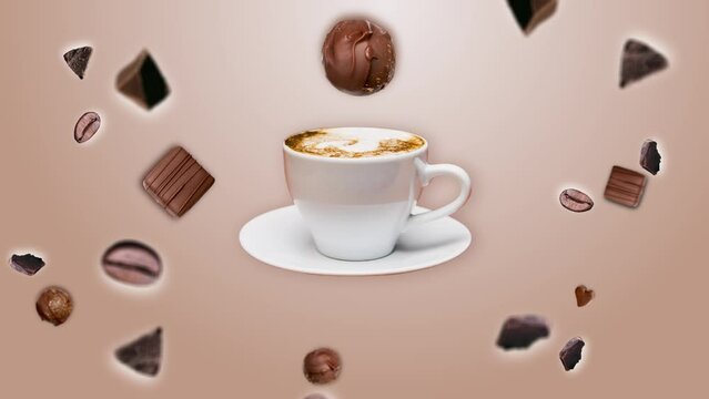 Chocolate crumbs and coffee beans explosion and wiggle around a cup of coffee on a trending natural beige gradient color background. Concepts of levitation Animation. Breakfast hot beverage. Capuccino