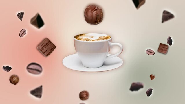 Chocolate crumbs and coffee beans flying in the air among ground cup of Capuccino coffee on trending pastel multi-colored animation background. Flying motion graphic invigorating Good morning drink.4k