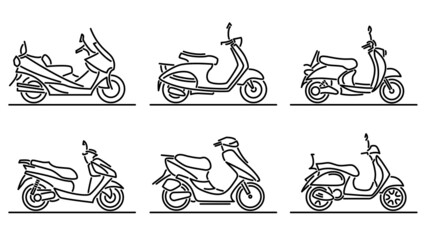 Set of simple flat design vector images of scooters and mopeds drawn in art line style. - 487585463