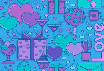 Seamless vector pattern for Valentine's Day in green and purple tones. Flat design with lines for printing on fabric or wrapping paper