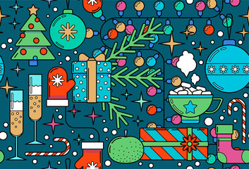 Seamless vector pattern for Christmas and New Year in cartoon style. Flat design with lines for printing on fabric or wrapping paper