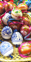 Fototapeta na wymiar Colorful decorative ornamental handmade easter eggs for sale at farmer market Budapest Hungary