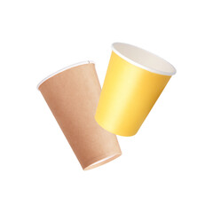 Craft yellow paper cup isolated on white background. Design element with clipping path
