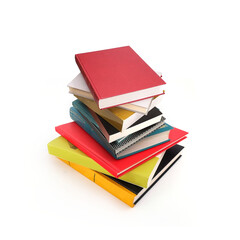 Stack of books in colour covers with white sheets isolated on a white background