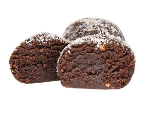 Cake rum truffle ball with coconut and nuts isolated on the white background