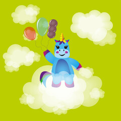 Obraz na płótnie Canvas Small multicolored unicorn with balloons. Unicorn in the clouds.