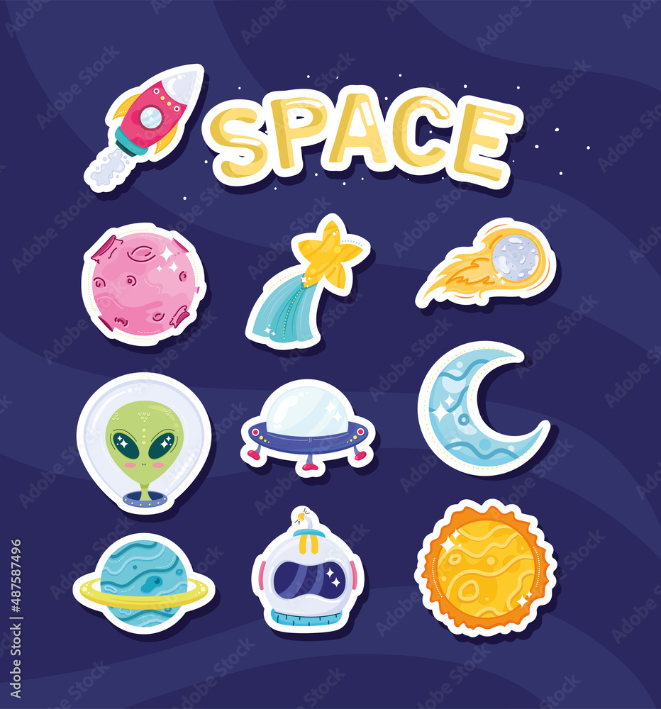 Sticker space lettering and ten icons