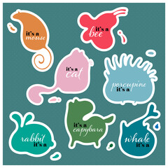 Cute Cat, Mouse, Whale, Porcupine, Capybara, Rabbit and Bee Set Stickers. Concept for Label, Card, Poster, Eco Bag and Garment.