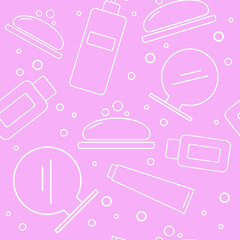 Bathroom accessories seamless pattern. Bathroom texture. Pink background of white vector icons of hygiene soap, cream, lotion, mirror and soap bubbles