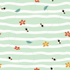Nature seamless pattern with cute bees flying on beautiful blooming flowers garden