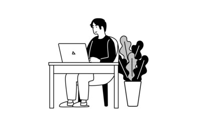 Fototapeta premium パソコンをする男性のシンプルなイラスト
