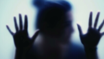 Depressed woman stuck behind glass seeking help and support depression concept