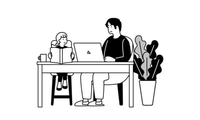 パソコンをする男性と本を読む子どものイラスト　在宅で仕事をする風景