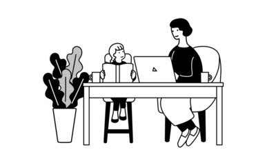 本を読む子どもと仕事をする母親のイラスト