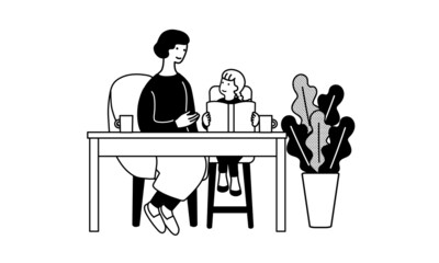 読書をする親子のシンプルなイラスト