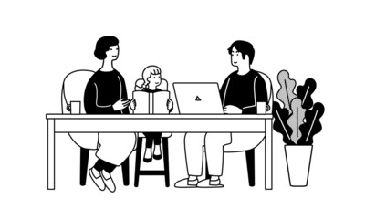 パソコンをする男性と本を読む母子のイラスト　在宅で仕事をする風景