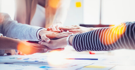 Panoramic Teamwork,empathy,partnership and Social connection in business join hand together...