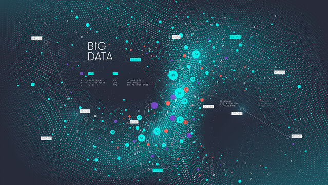 Visualization of digital clouds, particular wave dynamic mesh big data technology, futuristic analysis and processing of global information, vector background