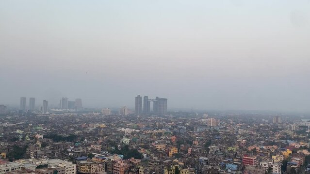 Beautiful Aerial ultra wide view of Kolkata city, India. Beautiful sunset over the city of Calcutta, India.