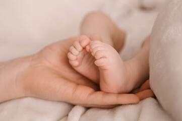Small legs of a newborn girl in the hand of the pope on a light background