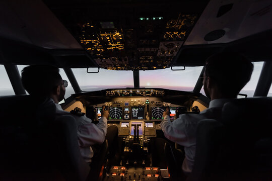 back view of professionals piloting modern airplane.