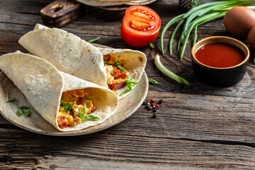 Mexican tortilla quesadilla with scramble eggs, vegetables, ham and cheese, Mexican cuisine, Mexico and Latin America traditional restaurant menu dish, food cooking recipe book cover