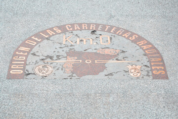 Kilometer zero point sign on the street of Puerta del Sol, in Madrid, Spain