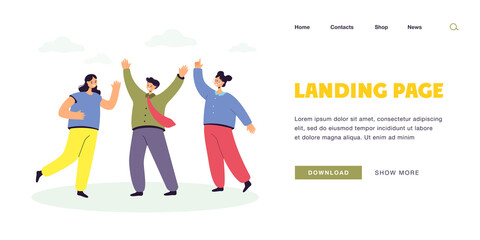 Business team celebrating success vector illustration. Happy office workers jumping, laughing. Victory, achievements, teamwork concept for website or landing web page