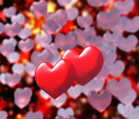 Two red hearts on a blurred background, 3d rendering