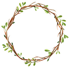 Watercolor wreath made of tree branches decorated with pretty green leaves. Card Decor. Spring wreath.