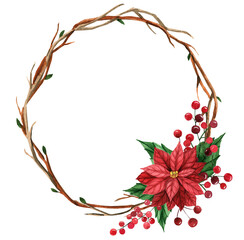 Christmas watercolor wreath made of tree branches, decorated with fir branches, red berries and a red poinsettia flower. Christmas card design.