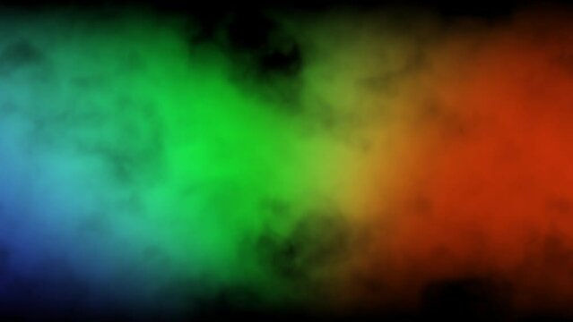 Abstract flying smoke blown by the wind and illuminated by multicolored neon light. Dense mist. Colorful steam. Slow motion cloudscape magic pattern. Seamless background, animation loop stock video.