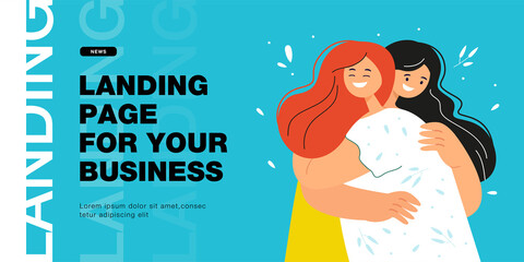 Two happy female cartoon friends hugging. Woman showing affection by putting arms around friend flat vector illustration. Love, friendship, communication concept for banner or landing web page
