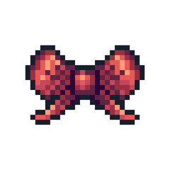 Ribbon pixel art icon. Present bow logo. 8-bit sprite. Decorative knot. Game development, mobile app.  Isolated vector illustration