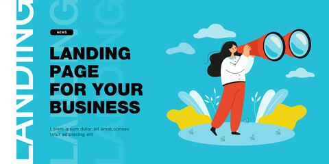 Tourist woman looking through big binocular device far ahead. Tiny female person travelling with field glasses flat vector illustration. Information search, travelling concept