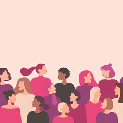 Vector greeting card with women of different nationalities and cultures. Background template for International Women's Day.