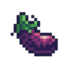 Eggplant pixel art icon. Aubergine logo. 8-bit sprite. Game development, mobile app.  Isolated vector illustration