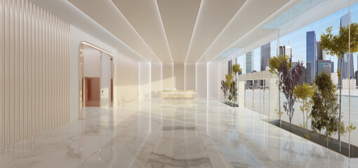 Interior of modern entrance hall in modern office building with reception counter