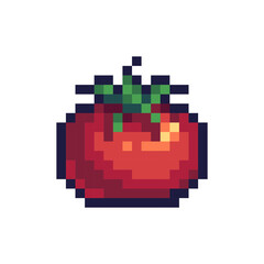 Tomato pixel art icon. Ketchup ingredient logo. 8-bit sprite. Game development, mobile app.  Isolated vector illustration